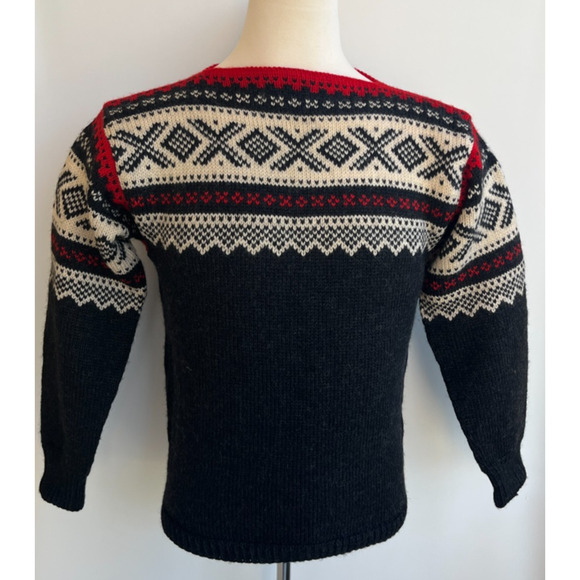 Haus Norway Handknitted 100% Virgin Wool Sweater Charcoal Gray/Black Red sz M - Picture 1 of 5